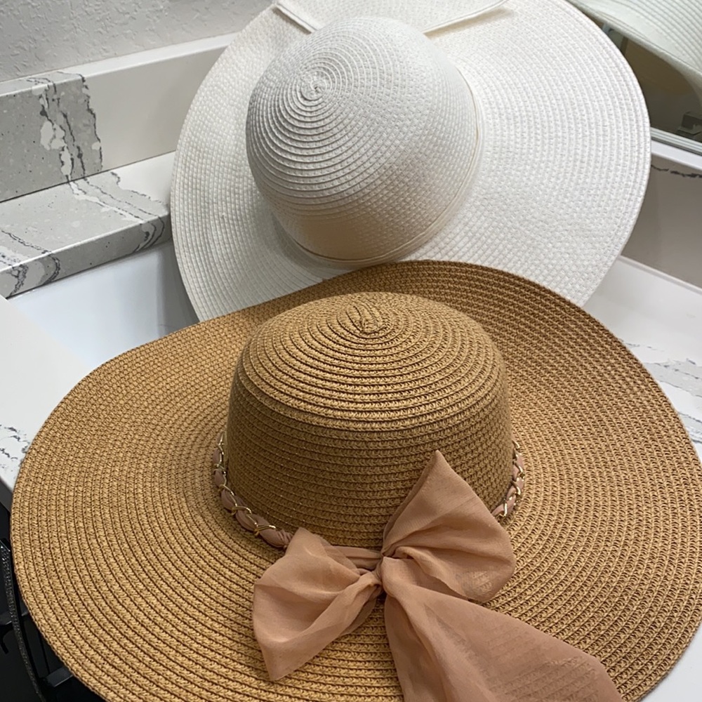 2 Wide Brim Hats; white and natural